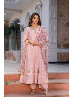 WOOMN - Pink Chanderi Anarkali Kurta & Pant with Dupatta
