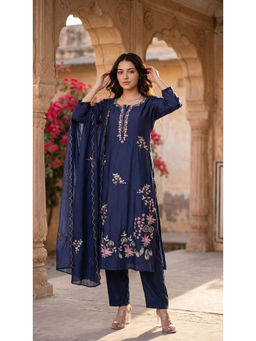 WOOMN - Blue Chanderi Embroidered Straight Kurta & Pant with Dupatta