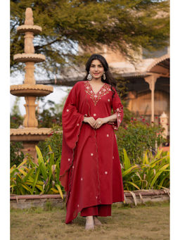 WOOMN - Maroon Cotton A-Line Kurta & Pant with Dupatta