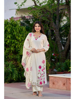 WOOMN - White Cotton Dobby Straight Kurta & Pant with Dupatta