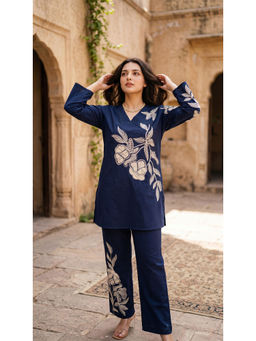 WOOMN - Navy Blue Cotton Straight Co-Ord Set
