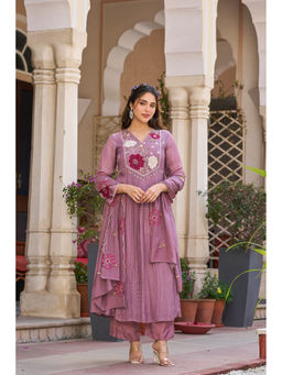 WOOMN - Purple Embroidery Gathered Kurta & Pant with Dupatta
