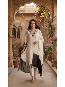 WOOMN - Cream Chanderi Embroidery Straight Kurta & Pant with Dupatta