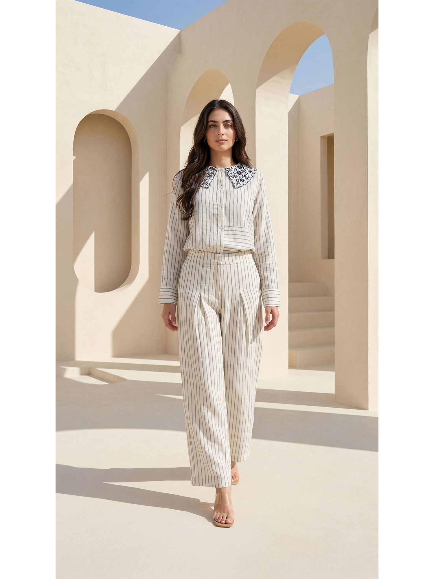 woomn White Jute Cotton Vertical Stripes Co-Ord Set-picture-22