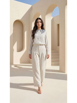 WOOMN - White Jute Cotton Vertical Stripes Co-Ord Set