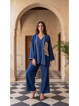 WOOMN - Navy Blue Marvo Linen Embroidered Co-Ord Set