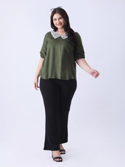 Qurvii - Olive Rayon Peter Pan Collar Top