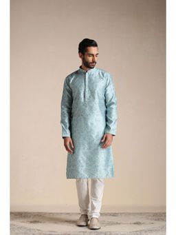 Manyavar - Blue Art Silk Printed Kurta Pajama (Set of 2)