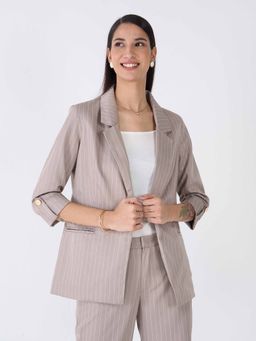 SALT Attire - Beige Striped Rolled-Up Sleeves Blazer