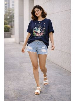 The Fit Theory - Women Oversized T-Shirt - Navy Blue Girl Garden