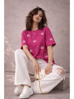 The Fit Theory - Women All Over Printed T-Shirt - Magenta Pink Crown