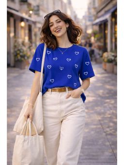 The Fit Theory - Women All Over Print T-Shirt - Royal Blue Hearts