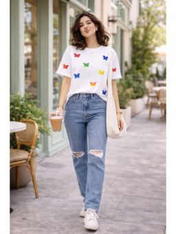 The Fit Theory - Women All Over Printed T-Shirt - White Butterfly