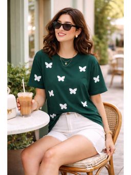 The Fit Theory - Women All Over Printed T-Shirt - Bottle Green Butterfly