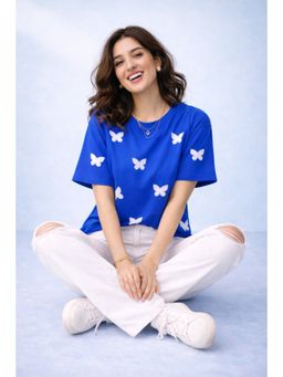 The Fit Theory - Women All Over Printed T-Shirt - Royal Blue Butterfly