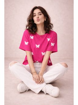 The Fit Theory - Women All Over Printed T-Shirt - Magenta Pink Butterfly