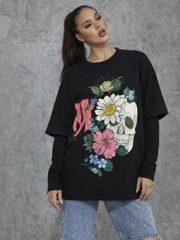 XTREMEX - Round Neck Bloom Skull Oversized Full Sleeves Printed Women T-shirt (XS)
