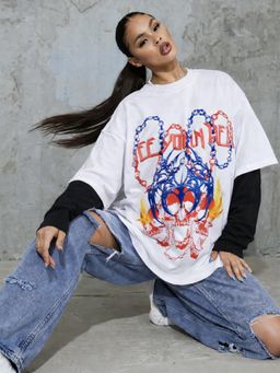 XTREMEX - Round Neck Hell Chains Oversized Full Sleeves Printed Women T-shirt (XS)