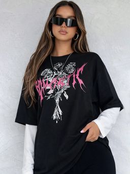 XTREMEX - Round Neck Rose blood Oversized Full Sleeves Printed Women T-shirt (XS)