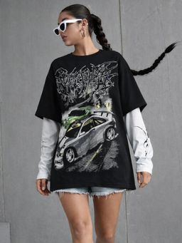 XTREMEX - Round Neck Street Drift Oversized Full Sleeves Printed Women T-shirt