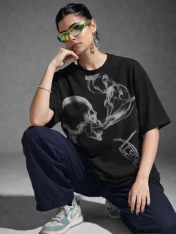 XTREMEX - Round Neck Skull Smoke Oversized Half Sleeves Printed Women T-shirt