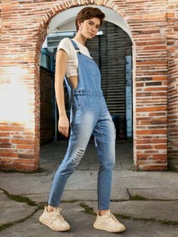 DOLCE CRUDO - Women Light Blue Mid Rise Regular Length Ripped Denim Dungaree
