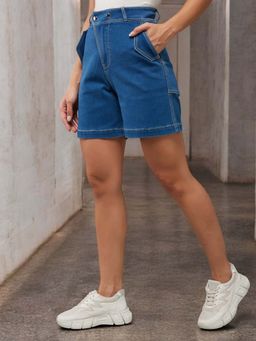 DOLCE CRUDO - Women's Relaxed-Fit Mid-Rise Stretchable Blue Denim Bermuda Shorts