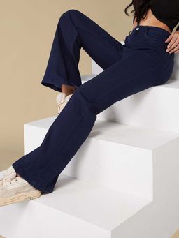 DOLCE CRUDO - Women's Navy Blue Bootcut High Rise Regular Length Stretchable Jeans