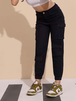 DOLCE CRUDO - Women's Black Regular High Rise Regular Stretchable Denim Joggers