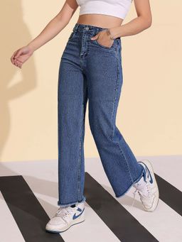 DOLCE CRUDO - Women's Blue Wide-Leg High Rise Regular-Length Stretchable Jeans
