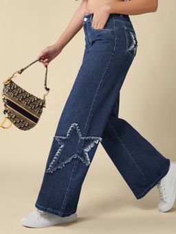 DOLCE CRUDO - Women's Blue Regular-Length Stretchable Denim Wide-Leg Jeans