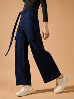 DOLCE CRUDO - Womens Navy Blue Wide Leg High Rise Stretchable Cargo Jeans
