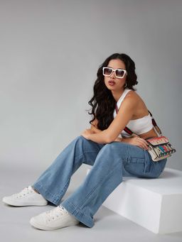 DOLCE CRUDO - Womens Light Blue Wide Leg Stretchable Flared Cargo Style Jeans