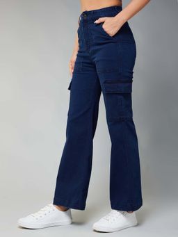 DOLCE CRUDO - Womens Navy Blue Wide Leg High Rise Stretchable Cargo Jeans