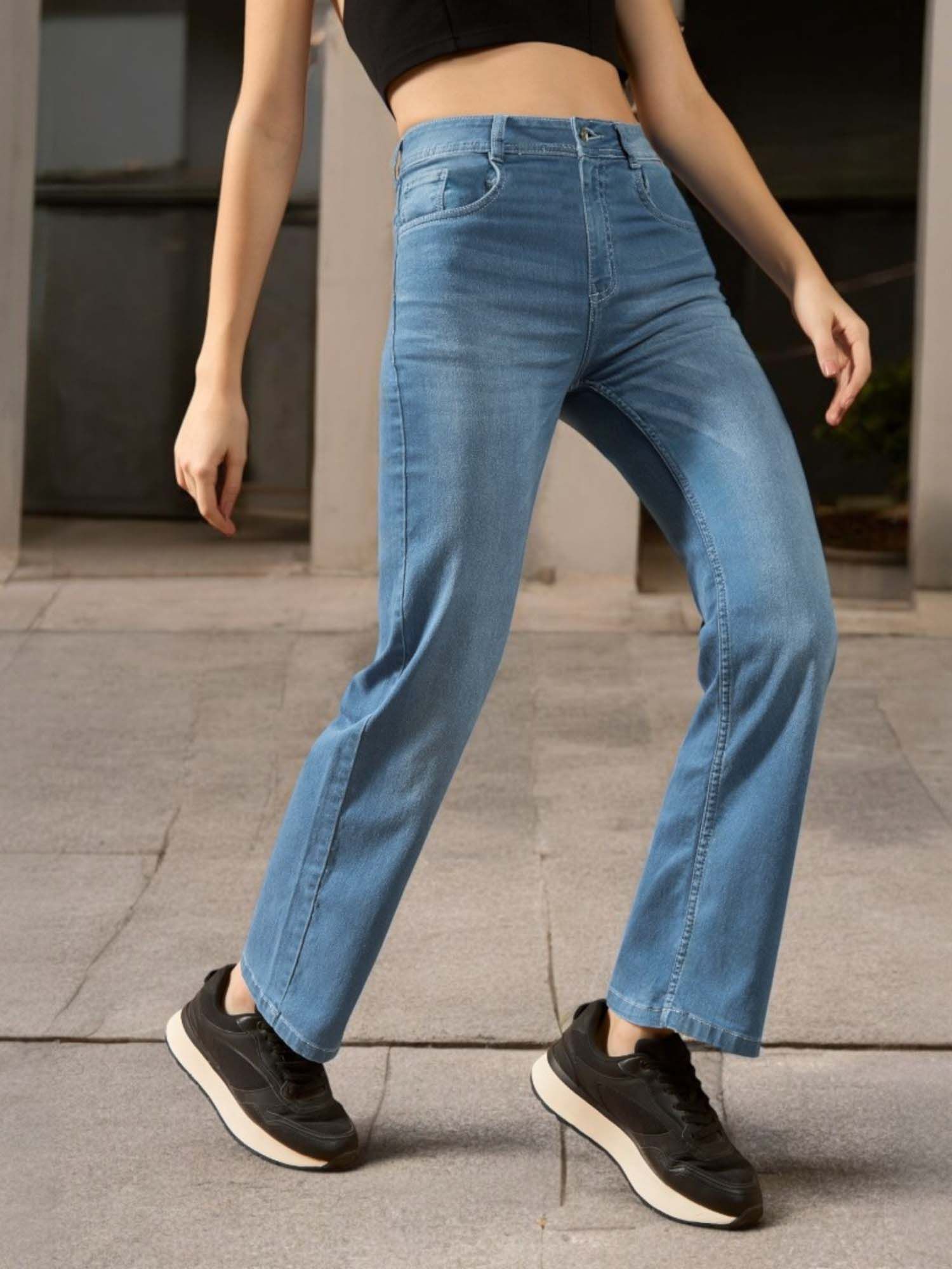 dolce crudo Womens Light Blue Wide Leg Mid Rise Regular Jeans-picture-44