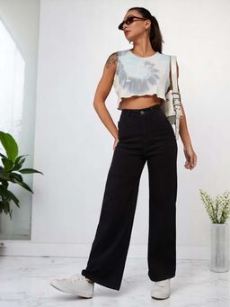 DOLCE CRUDO - Womens Black Wide Leg High Rise Regular Stretchable Jeans
