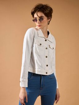 DOLCE CRUDO - Womens White Polo Neck Full Sleeves Denim Solid Cropped Jacket