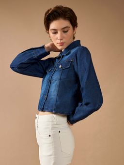 DOLCE CRUDO - Womens Navy Blue Solid Polo Neck Full Sleeves Denim Cropped Jacket