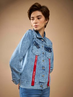 DOLCE CRUDO - Womens Light Blue Collared Full Sleeve Buttoned Solid Denim Jacket