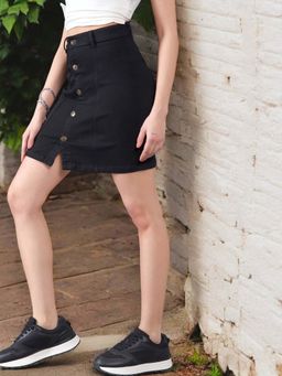 DOLCE CRUDO - Womens Black Stretchable Solid Bodycon Mini Denim Skirt