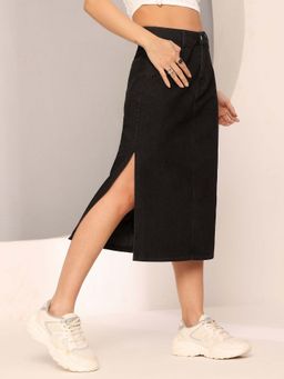 DOLCE CRUDO - Womens Black Straight High Rise Clean Look Stretchable Denim Midi Skirt