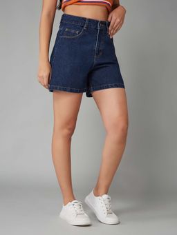 DOLCE CRUDO - Women Dark Blue Flared High Rise Regular Length Denim Shorts