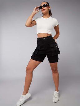 DOLCE CRUDO - Women Black Flared High Rise Regular Stretchable Denim Shorts