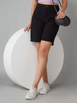 DOLCE CRUDO - Women Black Regular High Rise Clean Look Stretchable Denim Shorts