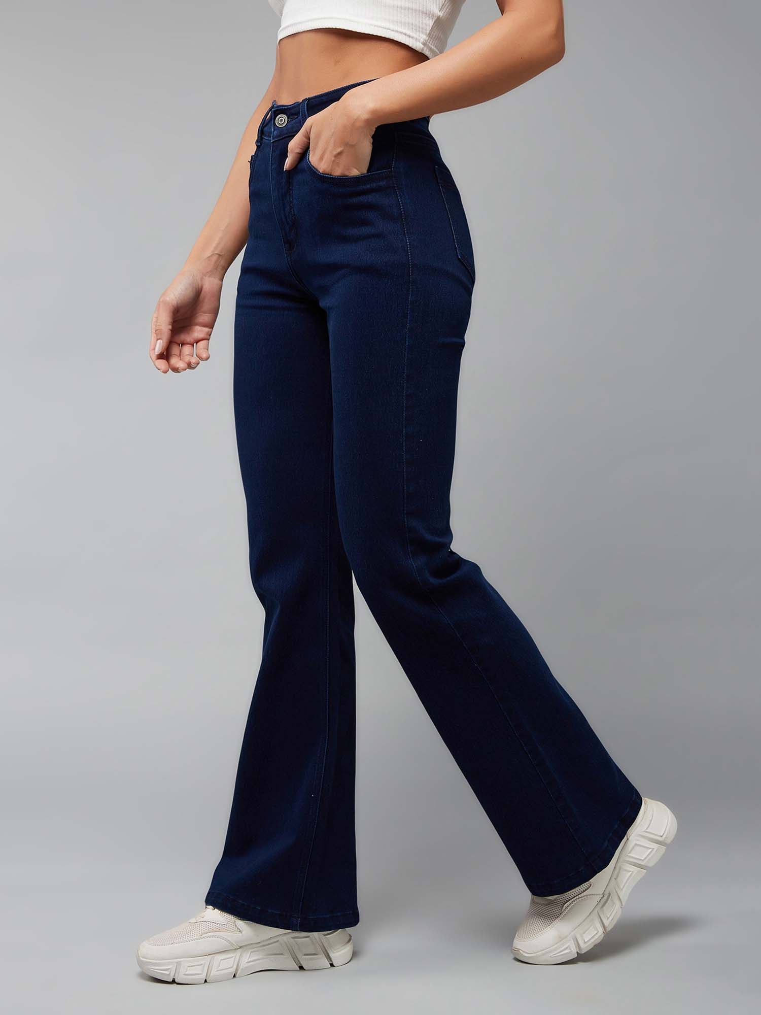 dolce crudo Women Navy Blue Bootcut Regular Length Stretchable Denim Jeans-picture-10