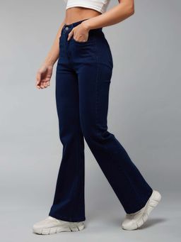 DOLCE CRUDO - Women Navy Blue Bootcut Regular Length Stretchable Denim Jeans