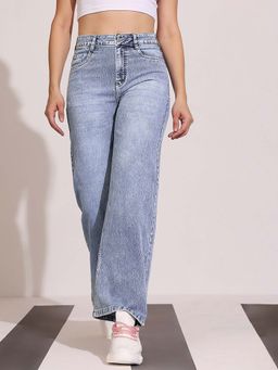 DOLCE CRUDO - Women Light Blue Regular-Length Stretchable Denim Wide Leg Jeans