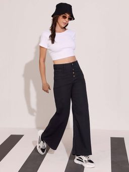 DOLCE CRUDO - Women Black Wide Leg High Rise Regular Stretchable Denim Jeans