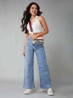 DOLCE CRUDO - Women Light Blue Wide-Leg High Rise Regular Stretchable Denim Jeans