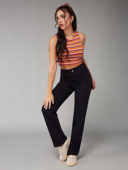 DOLCE CRUDO - Women Black Straight High Rise Regular-Length Stretchable Denim Jeans